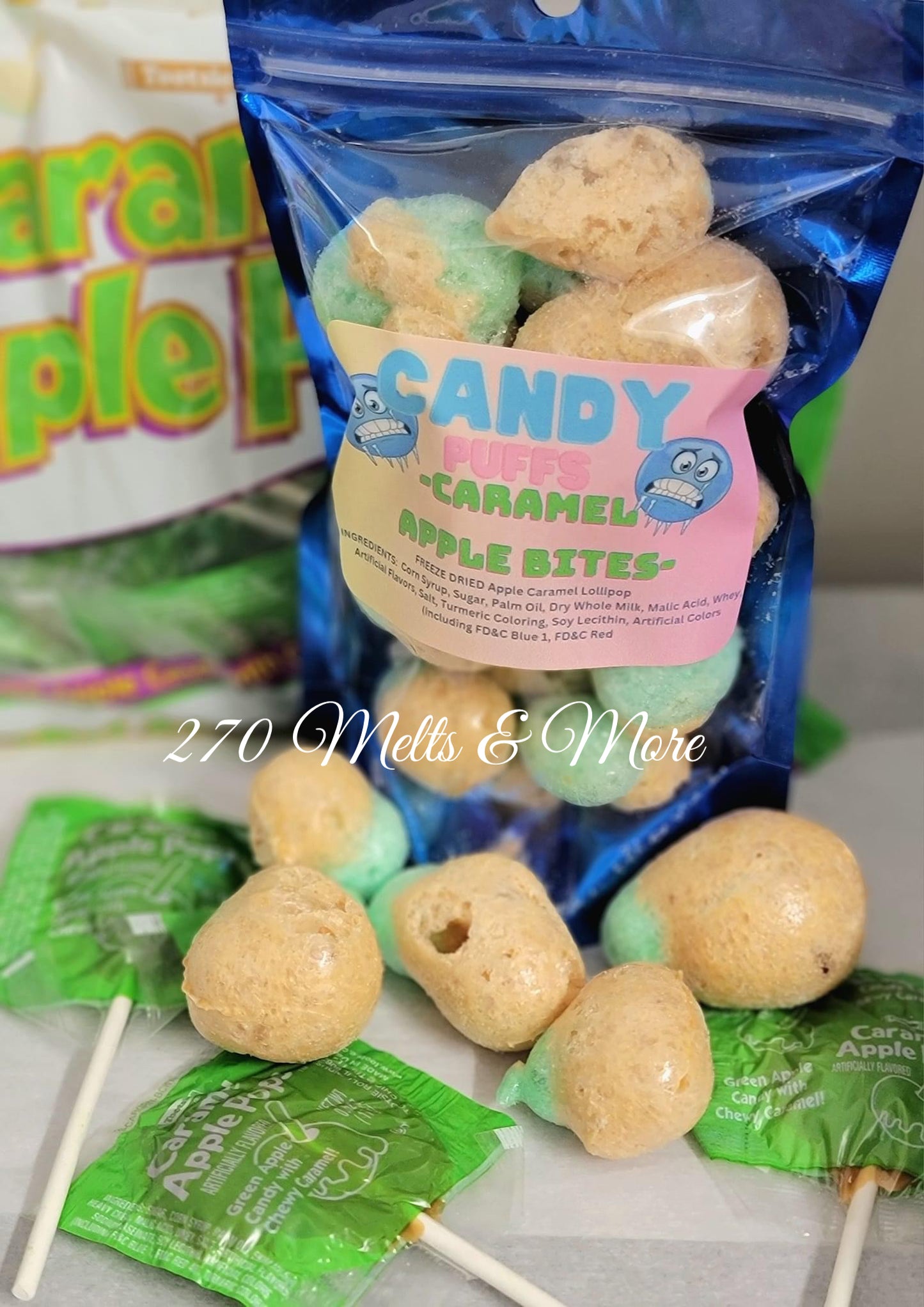 Bocados de manzana con caramelo liofilizados